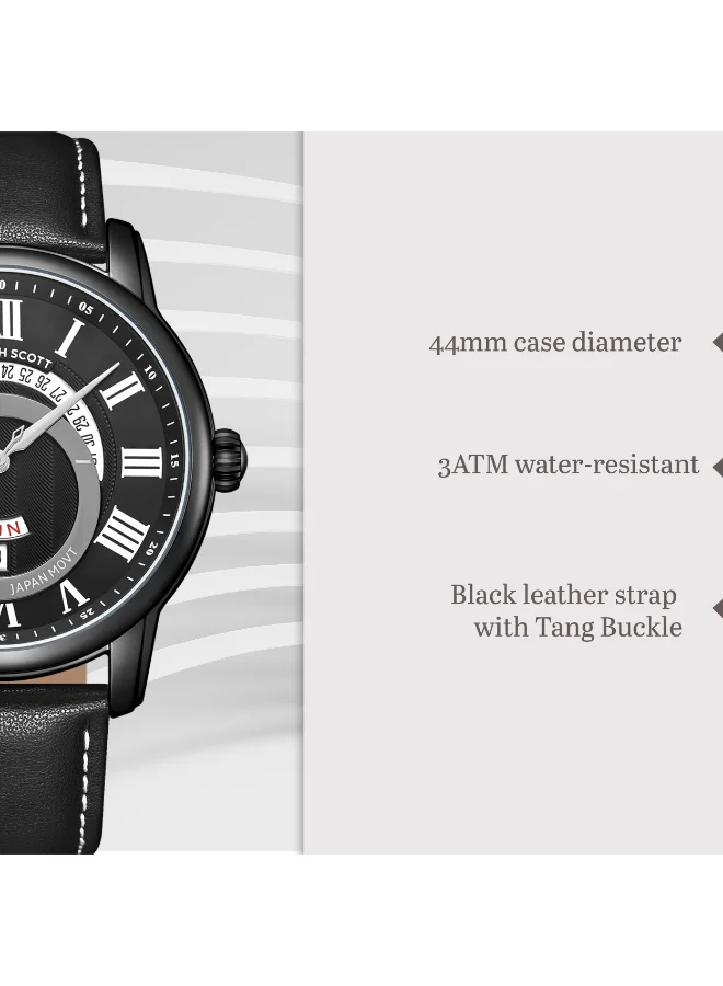 KENNETH SCOTT Men's Leather  Analog Watch K24020-BLBB - 44 mm