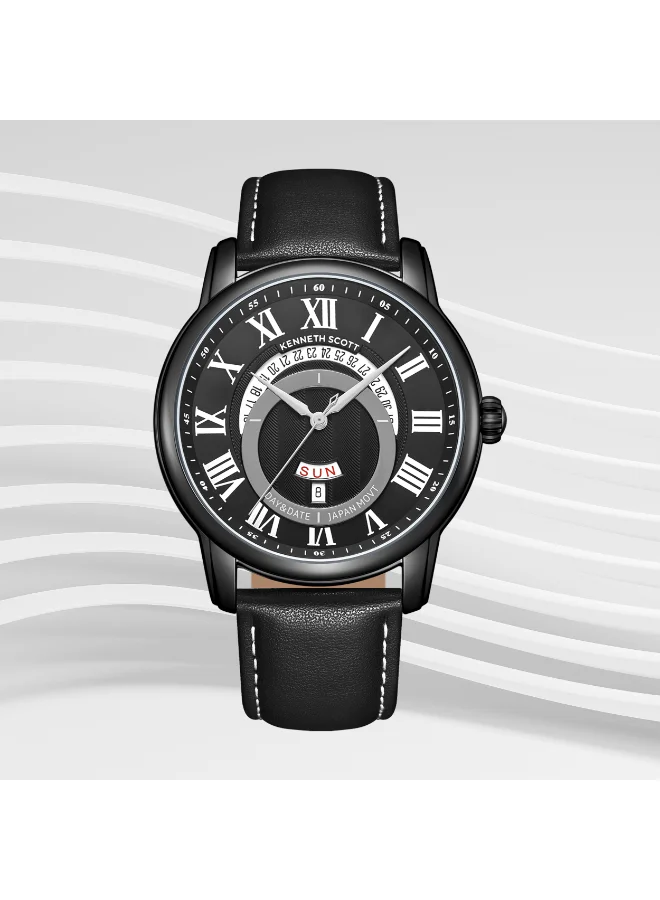 KENNETH SCOTT Men's Leather  Analog Watch K24020-BLBB - 44 mm