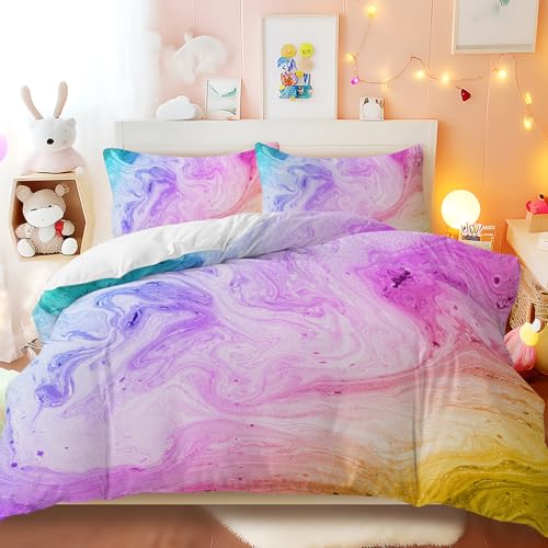 BlessLiving Tie Dye Bed Set Colorful Marble Teen Girl Bedding Watercolor Pastel Pink Blue Purple Duvet Cover Set Marble Abstract Kids Bed Set 3 Piece Bright Girly Bedspreads Twin