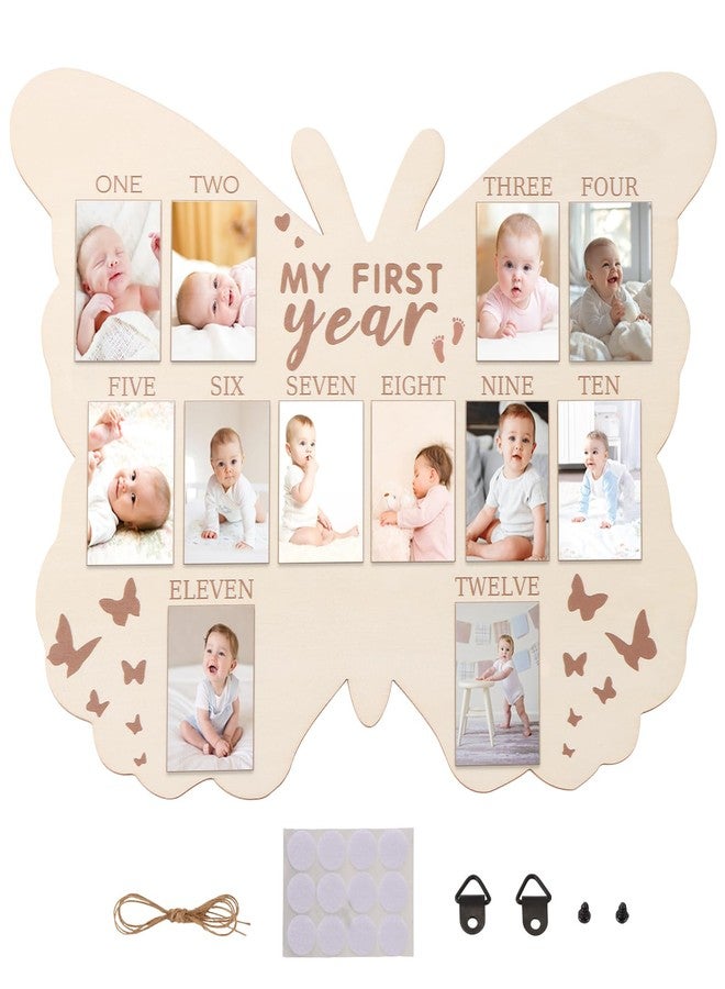 RANERVZ My First Year Photo Display Sign from 1-12 Months Butterfly Picture Frame for First Birthday Party Decorations Milestone Monthly Wooden Board for Baby One Birthday Nursery Decor Baby Keepsake Gift - Image 1