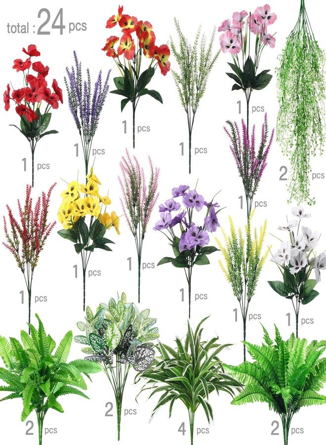 Daifunli 24 Pcs Artificial Plants for Outdoor, Fake Flowers Greenery UV Resistant Faux Plant Stems Shrubs Hanging Porch Patio Garden Window Box Home Wedding Summer Spring Decor(Mix Color) - Image 2