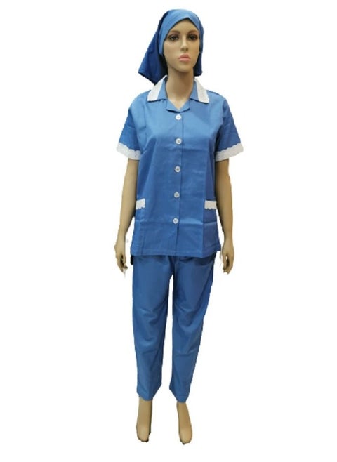 Maid Uniform with Button Top and Pants Blue Domestic Helper Uniform