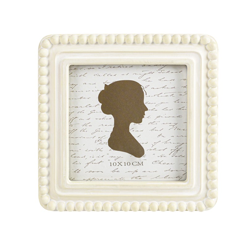 Sunlit Boho Vintage Picture Frame 4x4 Inch with Beaded Border, Luxury Antique Square Photo Frames with Glass Front, Photo Display, Tabletop Wall Hanging, Gift Idea, Distressed White - Image 1