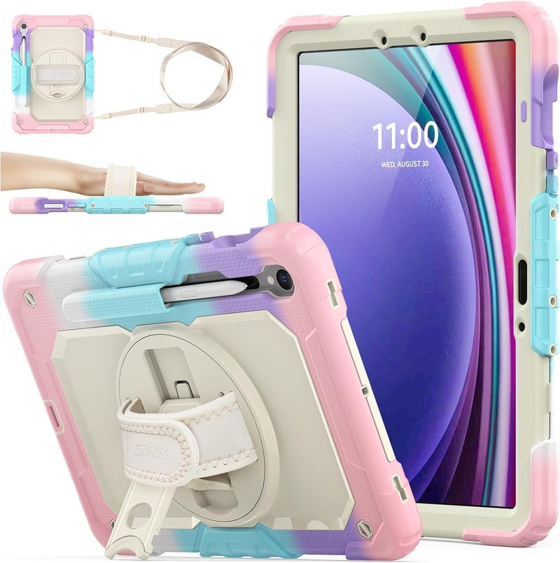 SEYMAC Case for Galaxy Tab S9 Plus /S9 FE Plus/S10 Plus 12.4'', with Screen Protector Pencil Holder [360 Rotating Hand Strap] &Stand, Drop-Proof, Yellowish+Pink - Image 1