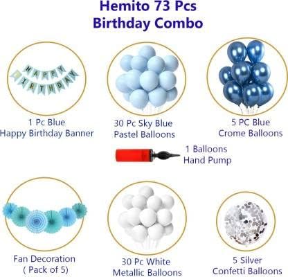 Hemito 73 Pc Happy Birthday Decoration Kit - Blue White Balloons with Birthday Banner, Paper Fan, Air Pump for Balloons - 73 Pcs - Image 2