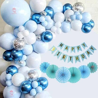 Hemito 73 Pc Happy Birthday Decoration Kit - Blue White Balloons with Birthday Banner, Paper Fan, Air Pump for Balloons - 73 Pcs - Image 1
