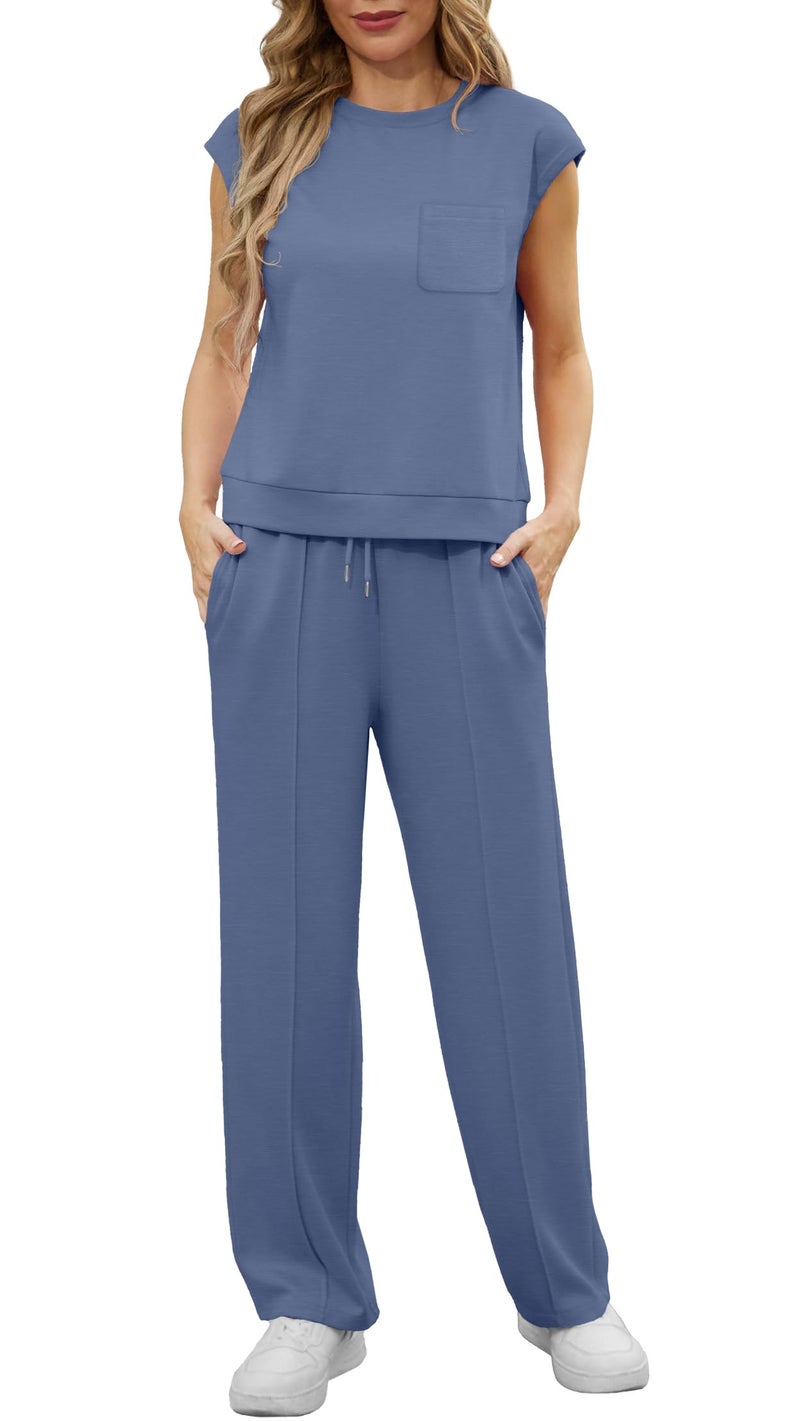 GRECERELLE Two Piece Sets For Women Athleisure Sets Summer Vacation Outfits For Women Haze blue-L - Image 1