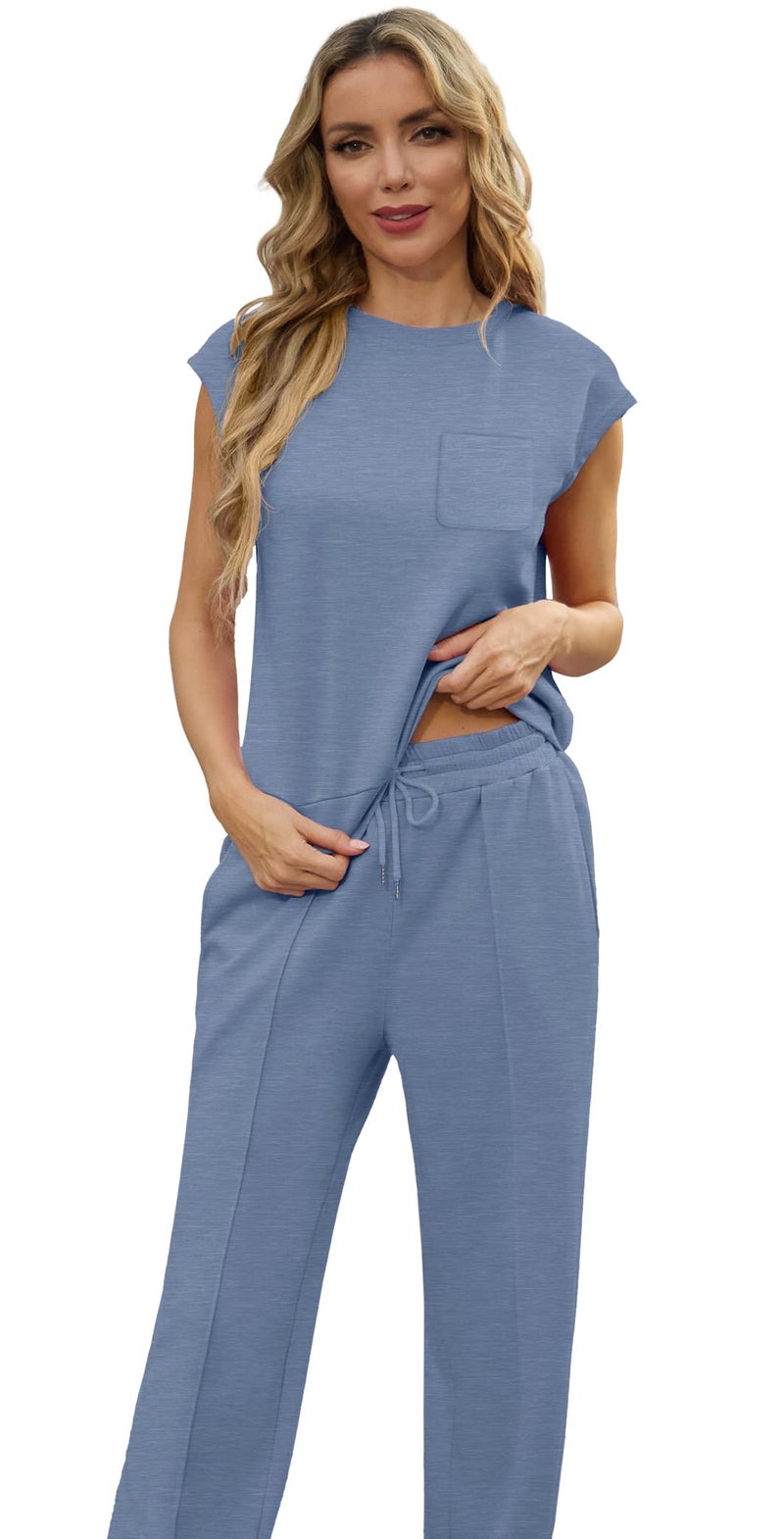 GRECERELLE Two Piece Sets For Women Athleisure Sets Summer Vacation Outfits For Women Haze blue-L - Image 3