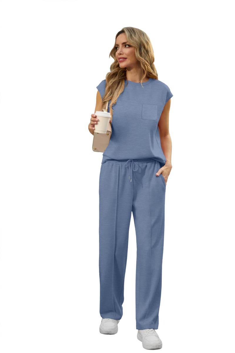 GRECERELLE Two Piece Sets For Women Athleisure Sets Summer Vacation Outfits For Women Haze blue-L - Image 4