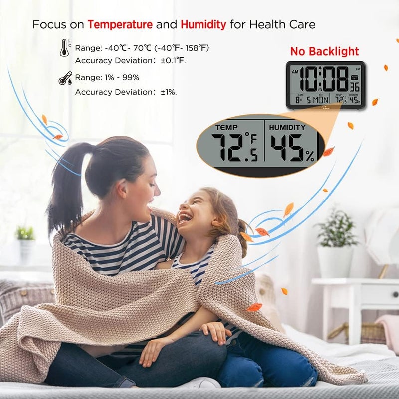 WallarGe Auto Set Digital Wall Clock Battery Operated, Desk Clocks with Temperature, Humidity and Date, Large Display Digital Calendar Alarm Clock for Elderly, Bedroom, Office, 8 Time Zone, Auto DST. - Image 2