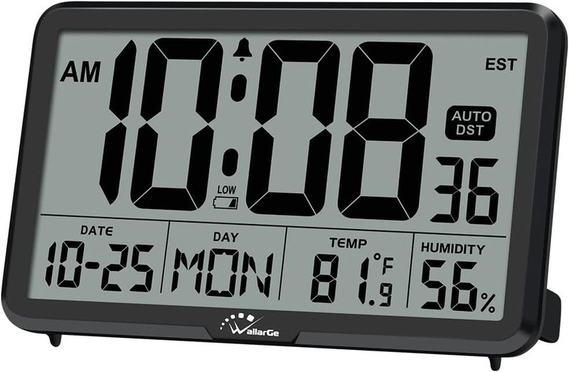 WallarGe Auto Set Digital Wall Clock Battery Operated, Desk Clocks with Temperature, Humidity and Date, Large Display Digital Calendar Alarm Clock for Elderly, Bedroom, Office, 8 Time Zone, Auto DST. - Image 1