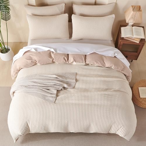 TISPLR Striped King Duvet Cover Beige Washed Microfiber Jacquard 3 Pieces Bedding Set, White Beige Vertical Ticking Stripes Pattern Comforter Cover with Zipper Closure Breathable Durable Soft Comfy - Image 4