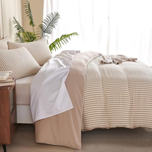TISPLR Striped King Duvet Cover Beige Washed Microfiber Jacquard 3 Pieces Bedding Set, White Beige Vertical Ticking Stripes Pattern Comforter Cover with Zipper Closure Breathable Durable Soft Comfy - Image 5
