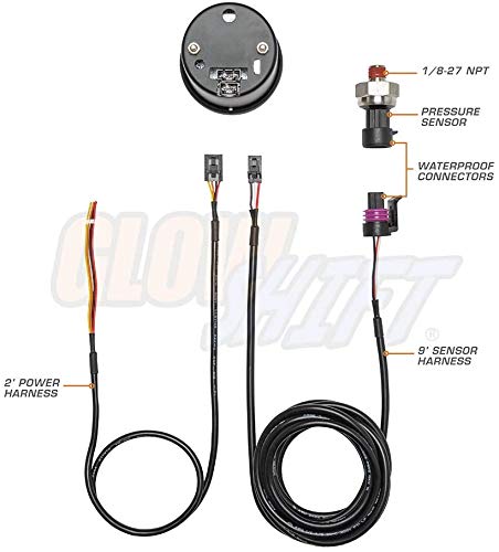 GlowShift Black 7 Color 100 PSI Fuel Pressure Gauge Kit - Includes 1/8-27 NPT Electronic Sensor & Wiring - Multi-Color Display - Black Dial - Clear Lens - for Car & Truck - 2-1/16" 52mm - Image 2