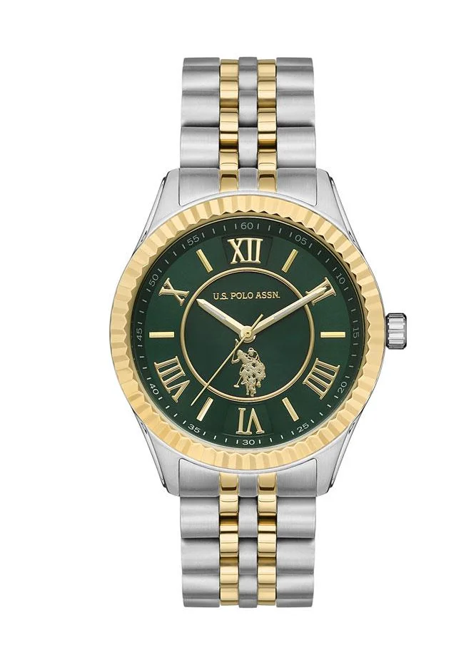 يو اس بولو اسن U.S. Polo Assn. Stile 36mm Ladies' Watch with Bold Green Dial, Gold Accents & Two-Tone Stainless Steel Band - USPA2028-08, Elevate Your Style with Elegance