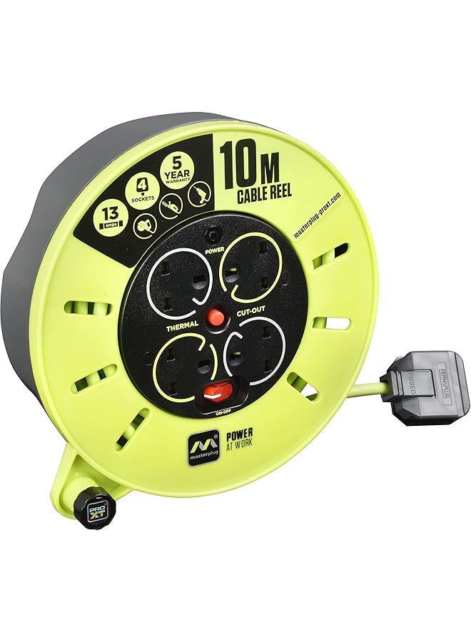 erorex Pro Xt Four Socket Medium Cassette Cable Reel With Winding Handle Thermal Cut Out And Power Switch 10 Meters High Visibility Cable Green - Image 1