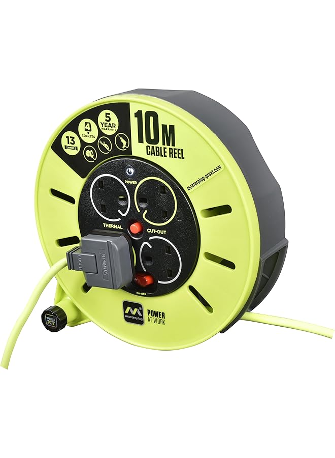erorex Pro Xt Four Socket Medium Cassette Cable Reel With Winding Handle Thermal Cut Out And Power Switch 10 Meters High Visibility Cable Green - Image 3