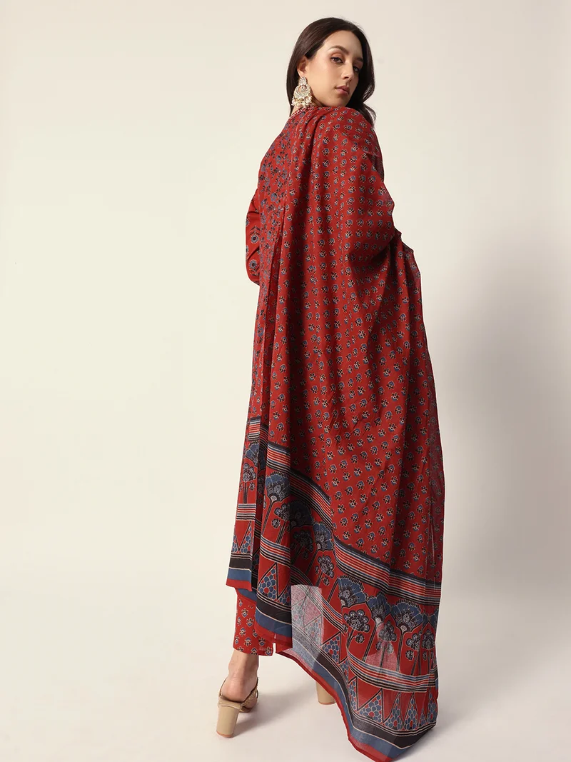 ISHIN Women's Red Cotton Textured Tunic Full Palazzo Regular Fit Kurta Set