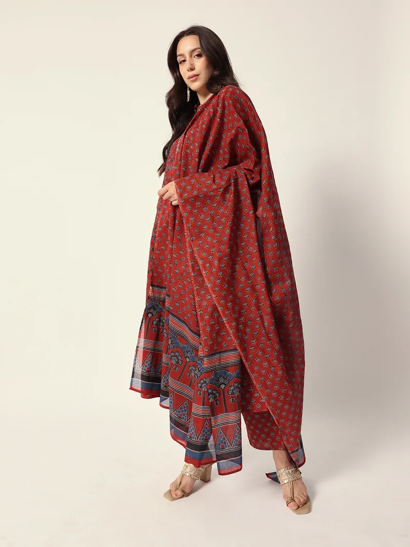 ISHIN Women's Red Cotton Textured Tunic Full Palazzo Regular Fit Kurta Set