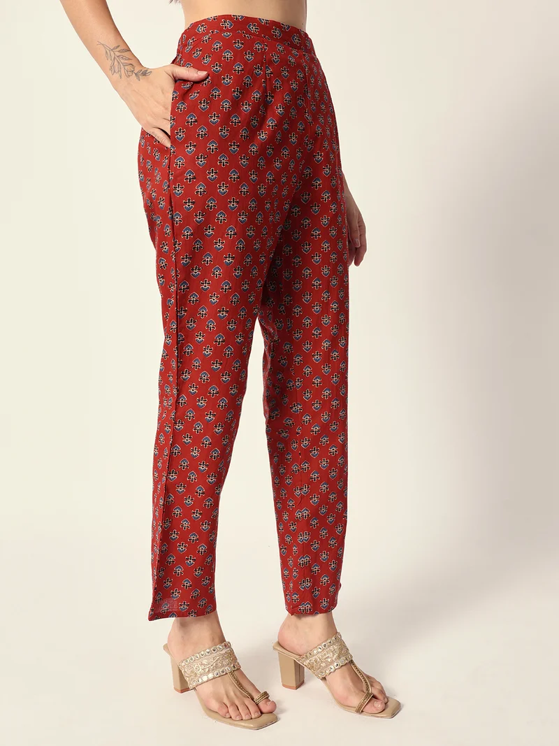 ISHIN Women's Red Cotton Textured Tunic Full Palazzo Regular Fit Kurta Set