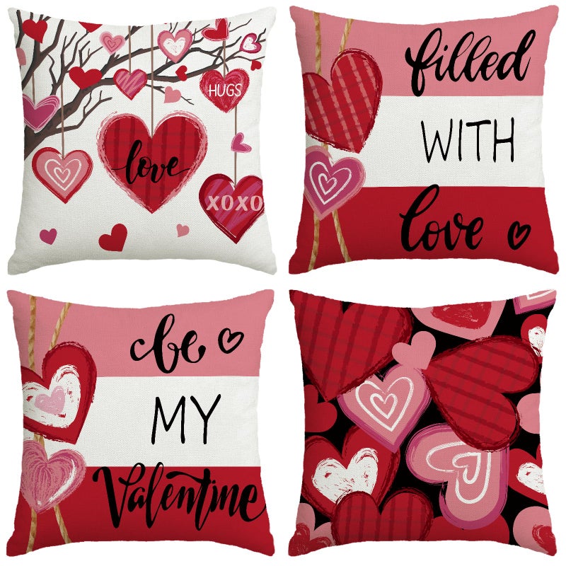 Yosichy Valentines Decorations-Valentine Pillow Covers 18X18 Set Of 4  Pink Red Hearts Be My Valentine Throw Outdoor Pillow Covers Anniversary Wedding Cushion Case For Home Sofa Couch D?Cor - Image 1