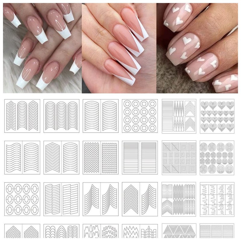 TailaiMei 1768 Pieces 60 Designs French Manicure Nail Stickers, Nail Art Tips Guides for DIY Decoration Stencil Tools (36 Sheets) - Image 1