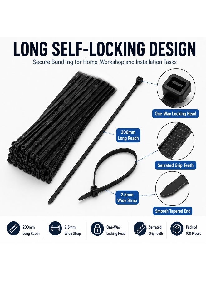 100PCS Black Nylon Cable Ties 2.5 × 200mm, Extra Long Heavy-Duty Self-Locking Zip Ties for Cable Management, Home, Workshop, Garden and Installation Use - Image 2