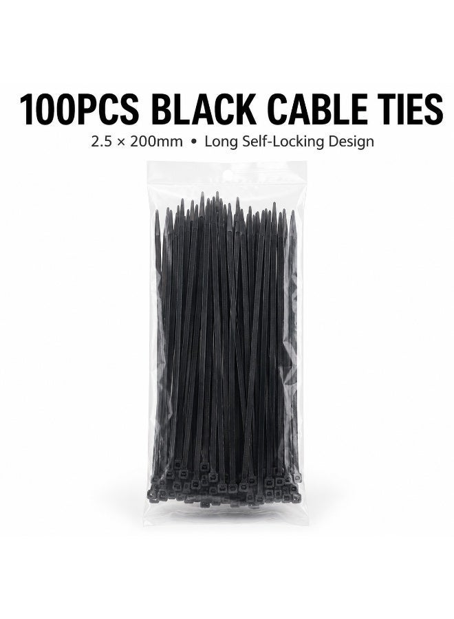 100PCS Black Nylon Cable Ties 2.5 × 200mm, Extra Long Heavy-Duty Self-Locking Zip Ties for Cable Management, Home, Workshop, Garden and Installation Use - Image 3