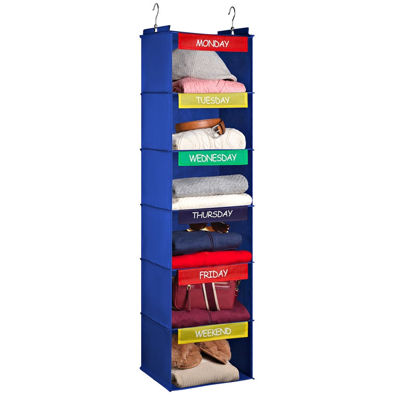 Weekly Clothes Organizer for Kids  6Shelf  Hanging Closet Daily Clothing Organization Labeled Shelves with Days of The Week Monday Through Friday Weekday and Weekend Blue
