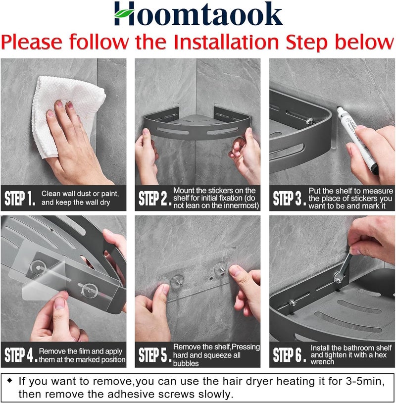 Hoomtaook 2-Tier Corner Shower Shelf No Drilling Bathroom Shelves Shower Caddies Adhesive Bath Corner Shelf Wall Mounted Bathroom Shower Caddy Organizer - Dark Grey - Image 4