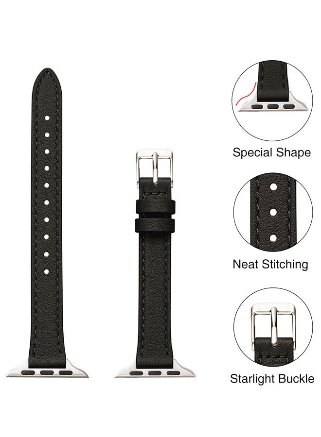 Slim Leather Bands Compatible with Apple Watch Band 38mm/40mm/41mm, Top Grain Leather Watch Thin Wristband（Black） - Image 2