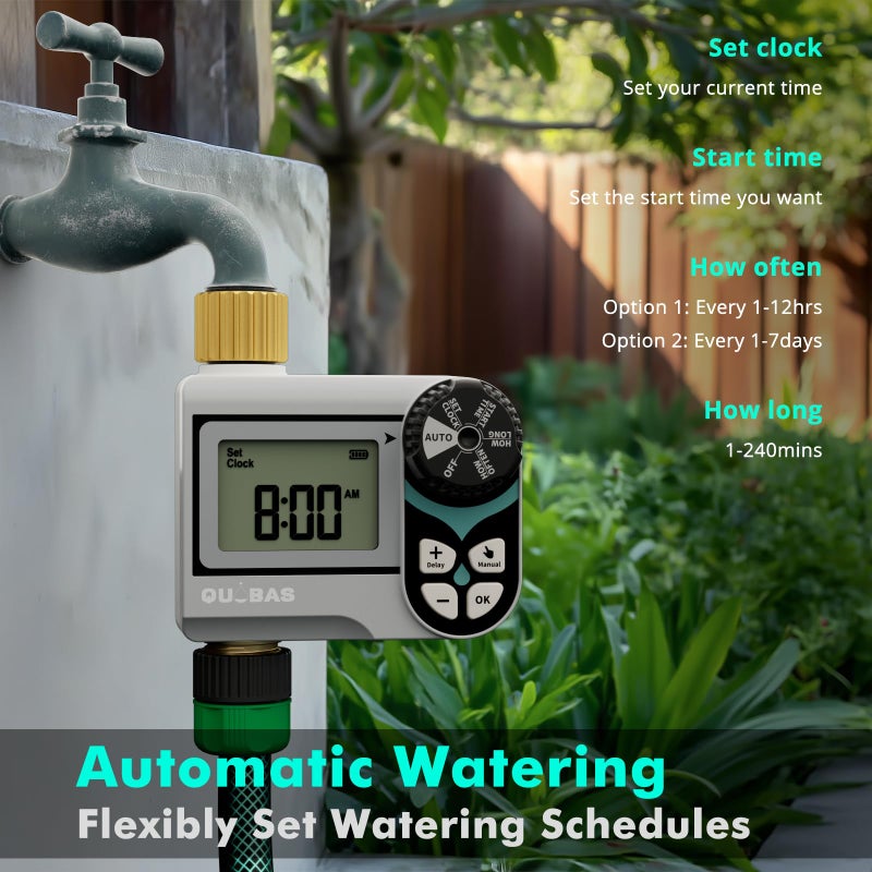 QUOBAS Sprinkler Timer, Programmable Hose Timers with Brass Inlet & Outlet, Water Timer for Garden Hose with Rain Delay/Automatic/Manual Watering System, Digital Drip Irrigation Timers for Yard, Lawn - Image 4