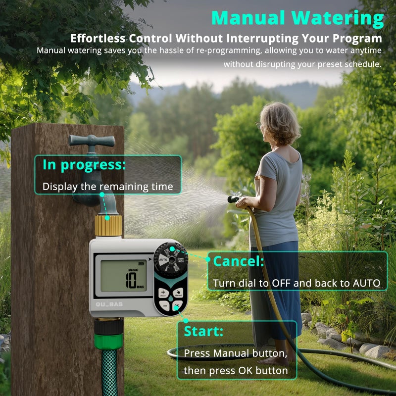 QUOBAS Sprinkler Timer, Programmable Hose Timers with Brass Inlet & Outlet, Water Timer for Garden Hose with Rain Delay/Automatic/Manual Watering System, Digital Drip Irrigation Timers for Yard, Lawn - Image 5