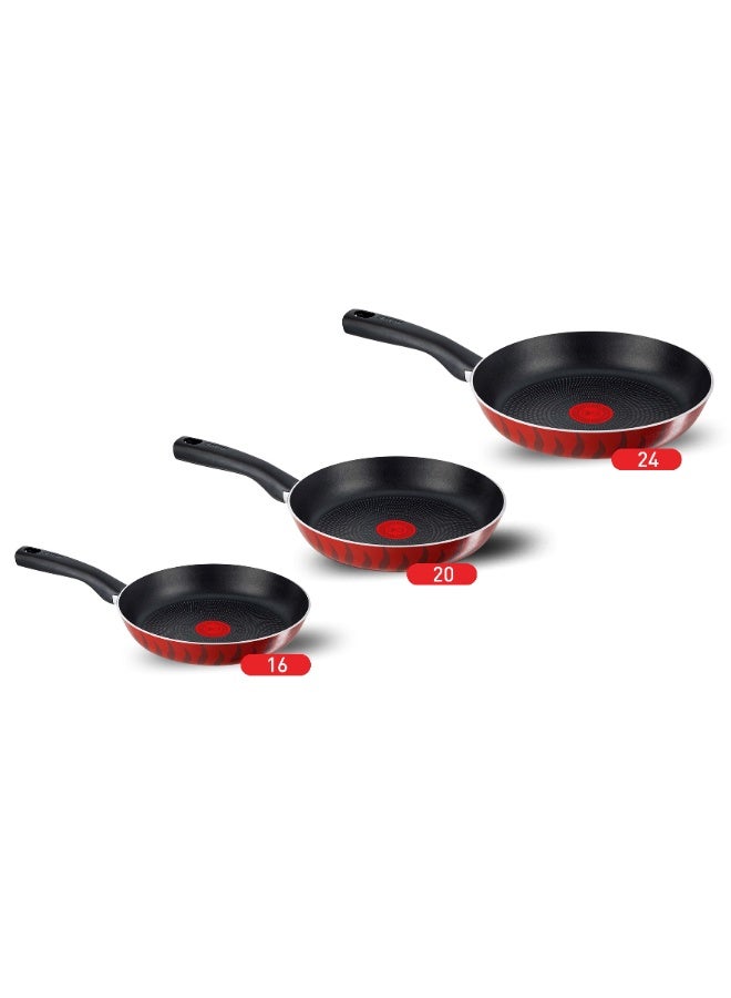 تيفال Tefal Tempo Flame Frypan Set, 3 Pieces (Sizes 16, 20, 24 cm), Non-Stick, Thermo-Spot Technology - Red red - Image 2