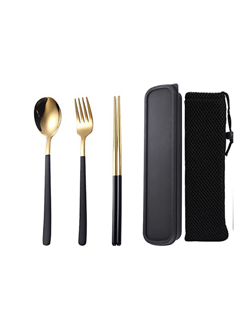 NIBEMINENT Travel Cutlery Set, Stainless Steel Set Portable Camp Reusable Flatware ware,Include Fork Spoon Chopsticks with Case for Hiking Traveling Camping or School Lunch Gold - Image 1