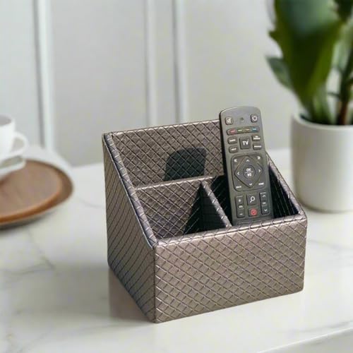 MASON HOME Vegan Leather & Mdf Braided Grey Remote Holder - 1pc - L 6.25" x B 5" x H 5" | Decorative Multifunctional Space Saving Organizer Stand | Rom - Table - Desk | AC TV Controller - Gadgets - Image 1