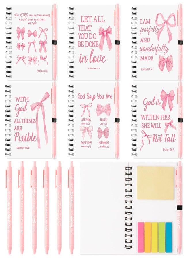 ANGOLIO Christian Gifts Bulk Religious Journal Spiral Notebooks with Pens Notepads 100th Day of School 24P Pink Bows Christian Bible Prayer Notebook with Sticky Notes Ballpoint Pens for Student Kid - Image 1