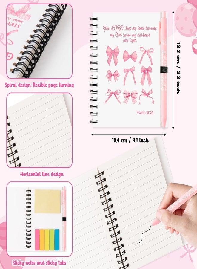 ANGOLIO Christian Gifts Bulk Religious Journal Spiral Notebooks with Pens Notepads 100th Day of School 24P Pink Bows Christian Bible Prayer Notebook with Sticky Notes Ballpoint Pens for Student Kid - Image 2