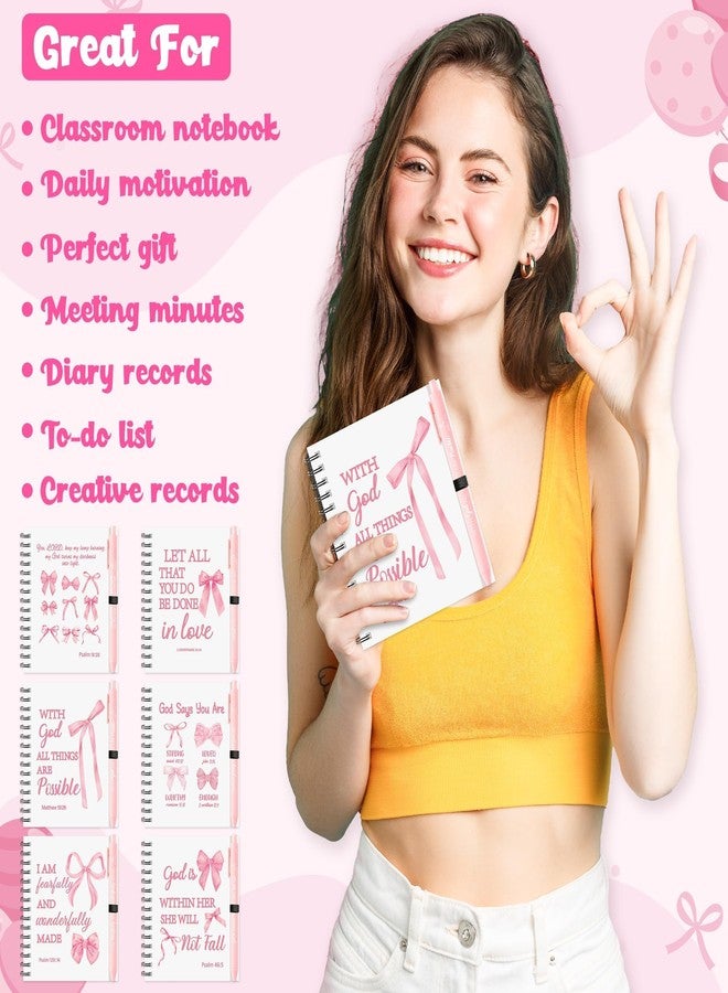 ANGOLIO Christian Gifts Bulk Religious Journal Spiral Notebooks with Pens Notepads 100th Day of School 24P Pink Bows Christian Bible Prayer Notebook with Sticky Notes Ballpoint Pens for Student Kid - Image 4