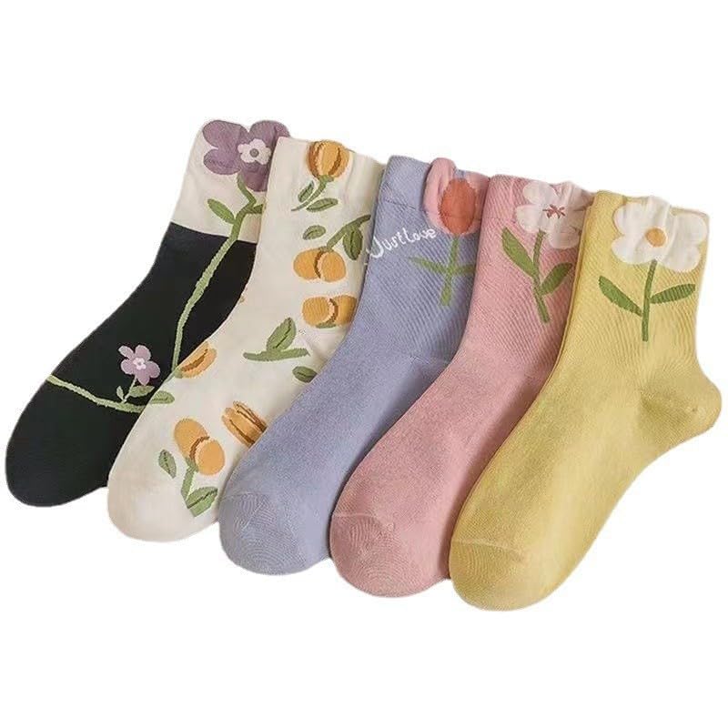 CazDopaM Cute Cotton Socks for Women and Girls, 5 Pairs Socks for Sports and Daily Wear Vintage Socks Floral Crew Socks (5-pairs,Cotton) - Image 3