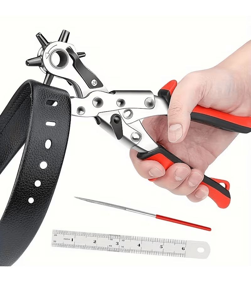 Heavy Duty 2 Piece Hole Punch Pliers Set Faux Leather Punching And Embossing Rotating Manual Tools With Red Grips For Belts Sewing Projects And Crafts DIY Gift - Image 3