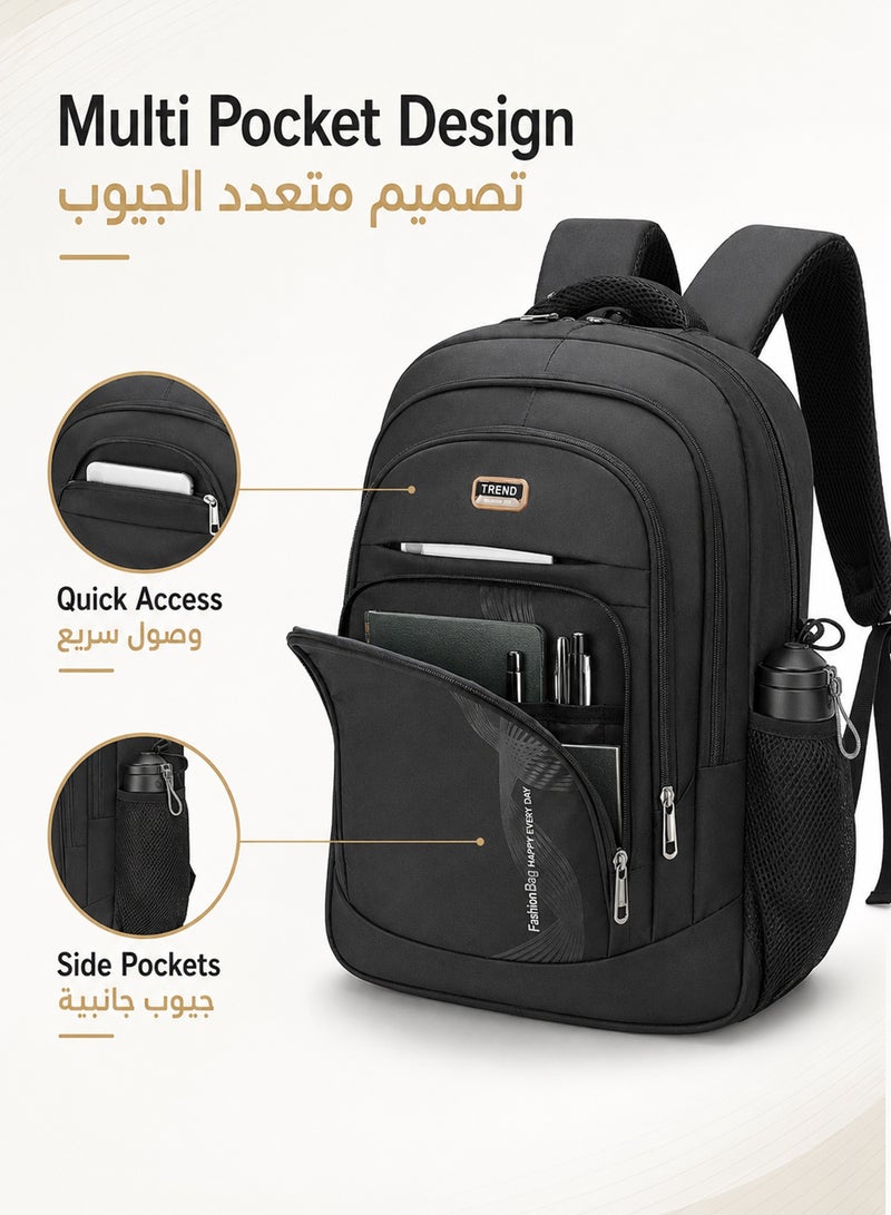 Trend 15.6 Inch Laptop School Travel Backpack For Men Women, Large Capacity Multi Compartment Backpack For Laptop Books Work College And Daily Essentials, Lightweight Commuter Daypack, Black - Image 5