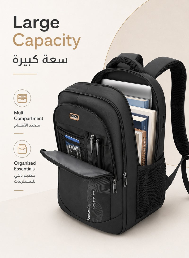 Trend 15.6 Inch Laptop School Travel Backpack For Men Women, Large Capacity Multi Compartment Backpack For Laptop Books Work College And Daily Essentials, Lightweight Commuter Daypack, Black - Image 2