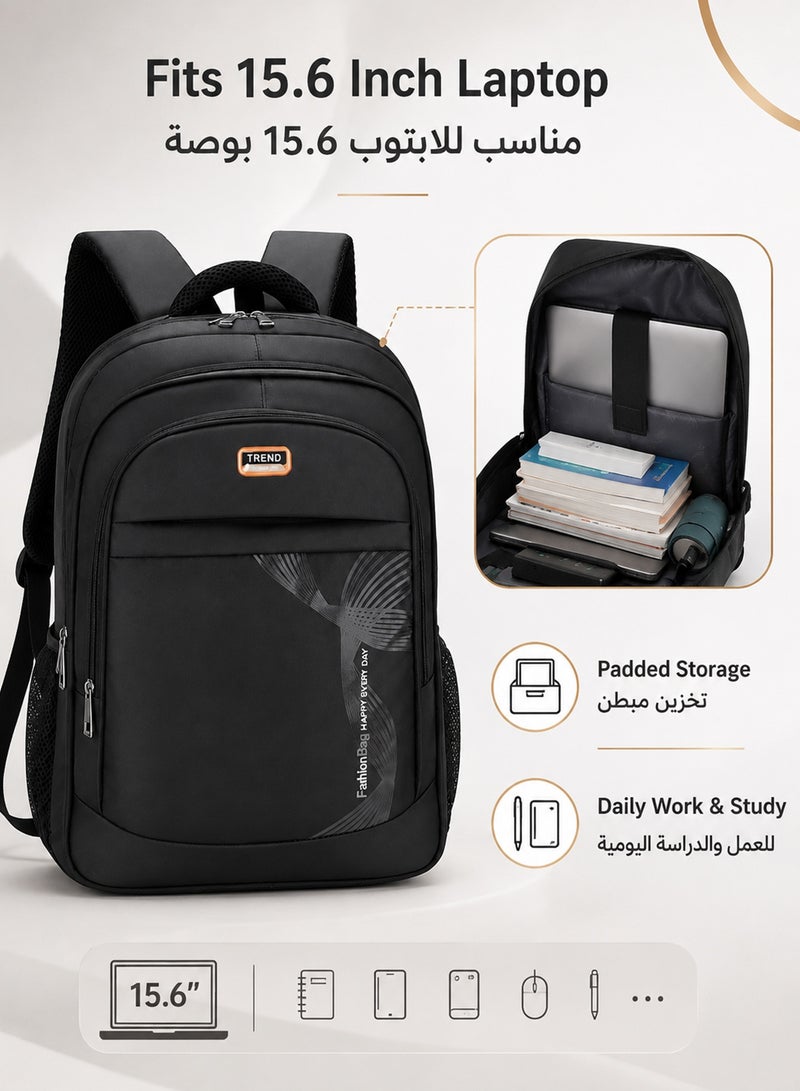 Trend 15.6 Inch Laptop School Travel Backpack For Men Women, Large Capacity Multi Compartment Backpack For Laptop Books Work College And Daily Essentials, Lightweight Commuter Daypack, Black - Image 3