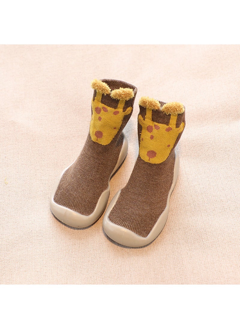 Kids Cartoon Sock Shoes Spring Autumn Anti-Slip Mid-Tube Coffee giraffe (gray bottom)
