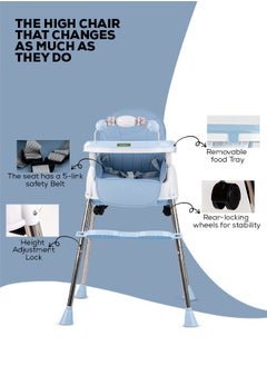 BAYBEE 4 In 1 Nora Convertible High Chair For Kids With Adjustable Height And Footrest Baby Toddler Feeding Booster Seat With Tray Safety Belt Kids High Chair For Baby 6 Months To 4 Years Blue  - Image 5