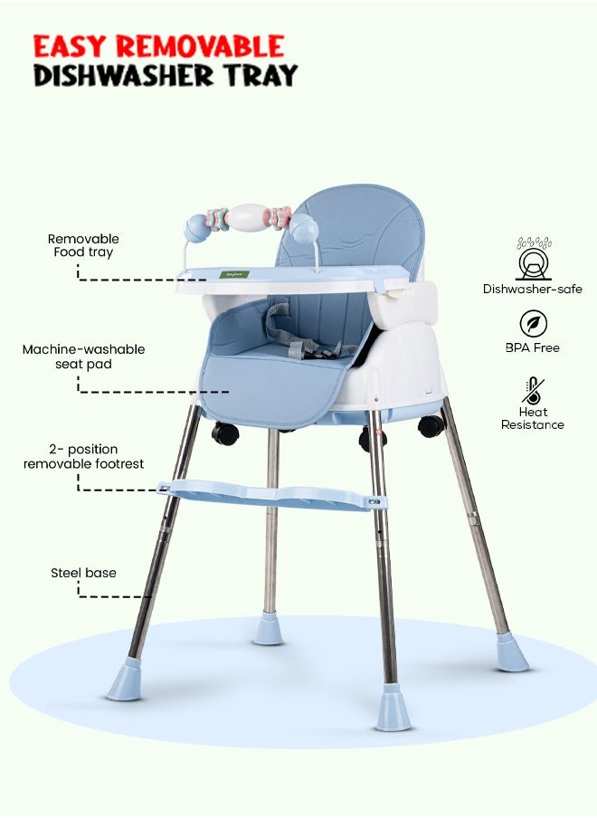 BAYBEE 4 In 1 Nora Convertible High Chair For Kids With Adjustable Height And Footrest Baby Toddler Feeding Booster Seat With Tray Safety Belt Kids High Chair For Baby 6 Months To 4 Years Blue  - Image 3