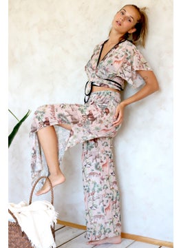 Hamur Dough Beach Pantalon Pareo Summer Closed Slit Elastic Chiffon Tulle Fabric High Waist Woods Beige  - Image 1