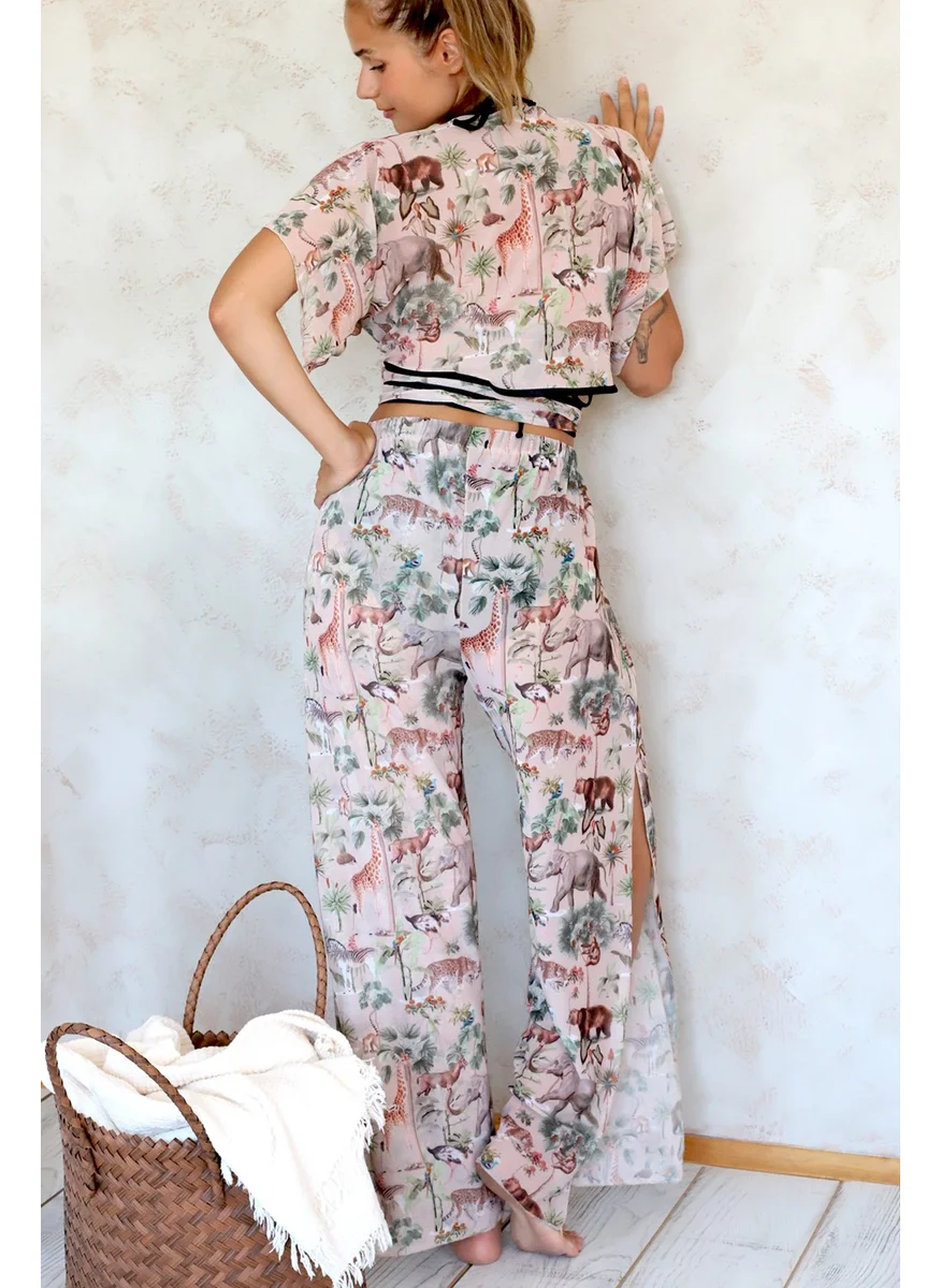 Hamur Dough Beach Pantalon Pareo Summer Closed Slit Elastic Chiffon Tulle Fabric High Waist Woods Beige