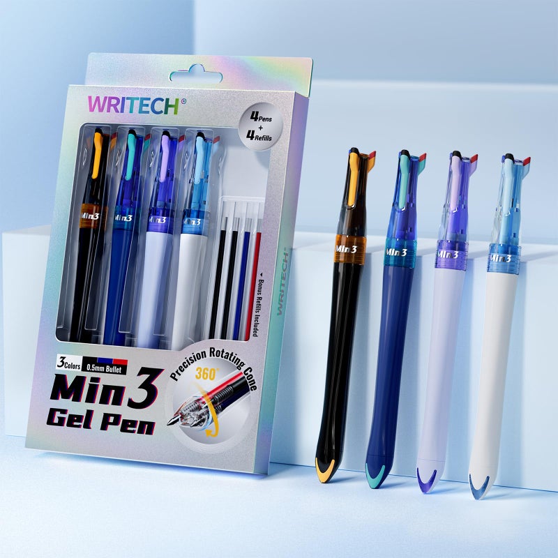 WRITECH Retractable Gel Ink Pens: 0.5mm Fine Point 3 in 1 Multi Colored Pen Black Blue Red, 4ct with 4 Refills No Smear Assorted Colors Min 3 for Smooth Writing Journaling Drawing - Image 1